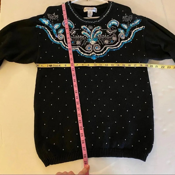 Vintage 80s Grannycore Embellished Pullover Sweater Black Beaded Womens Medium - Picture 9 of 10